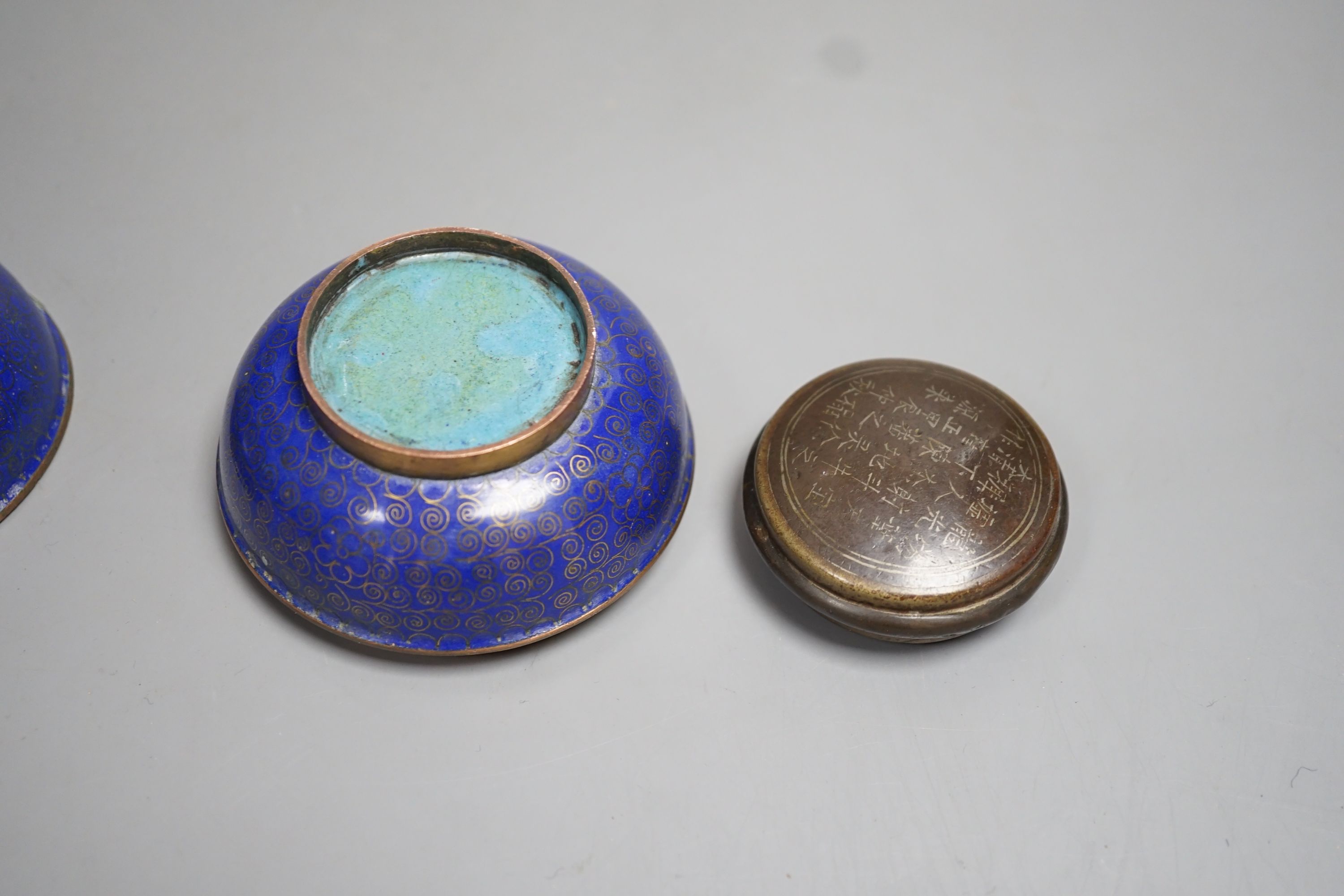 A Chinese white metal wire inlaid bronze seal paste box, 19th century and a cloisonne box, 8cm diameter